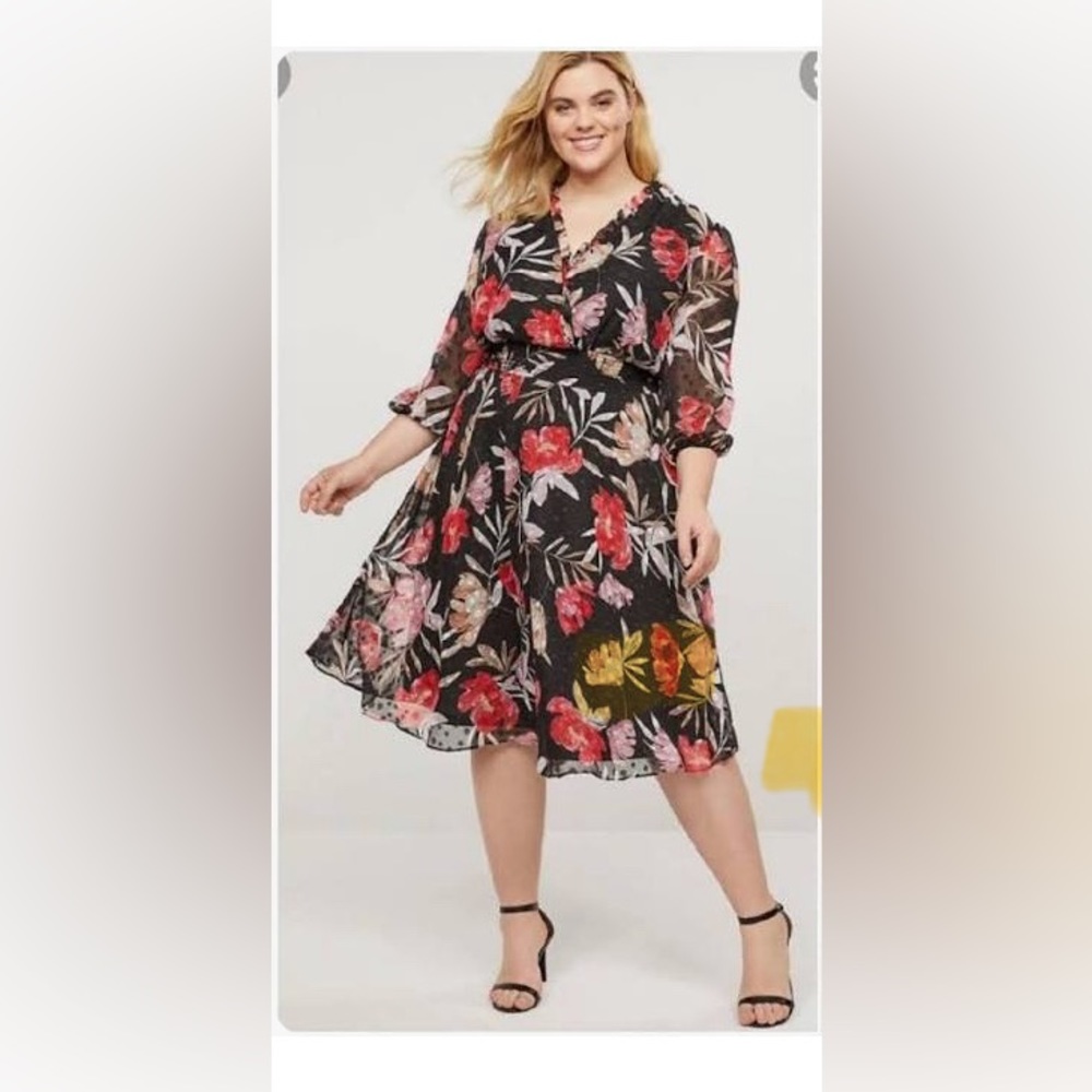 Lane Bryant Floral Chiffon Smocked Faux Wrap Fit & Flare Midi Dress 18/20